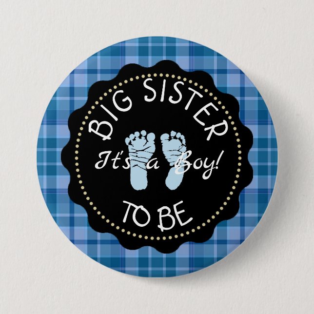 BIG SISTER  to be  Blue Plaid Baby Shower button (Front)