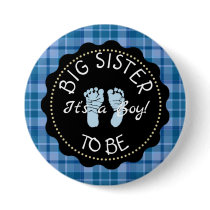BIG SISTER  to be  Blue Plaid Baby Shower button