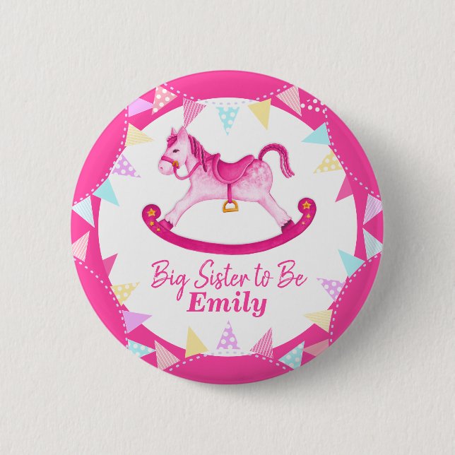 Big sister to be name new baby hobby horse button (Front)
