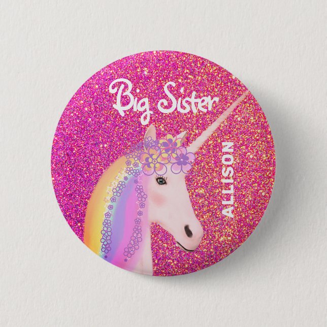 Big Sister Unicorn Pink Glitter Personalized  Button (Front)