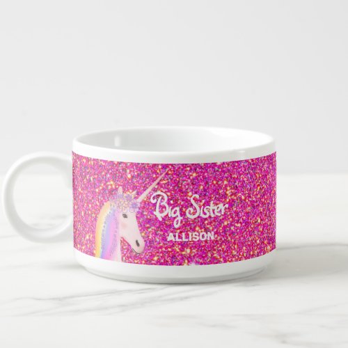 Big Sister Unicorn Pink Glitter Personalized Kids Bowl