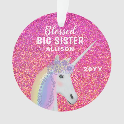 Big Sister Unicorn Pink Glitter Personalized Ornament