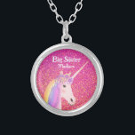 Big Sister Unicorn Pink Glitter Personalized Silver Plated Necklace<br><div class="desc">Surprise a unicorn lover with this Big Sister Unicorn Pink Glitter Personalized Silver Plated Necklace. It has a cute modern design and comes with child's name in white trendy calligraphy script lettering. The text is "big sister" in white letters. The pretty white unicorn has pastel rainbow hair color and pretty...</div>