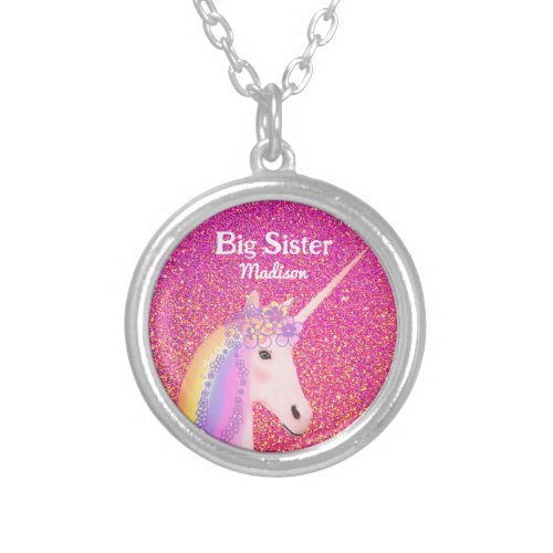 Big Sister Unicorn Pink Glitter Personalized Silver Plated Necklace