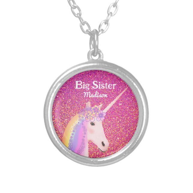 Big Sister Unicorn Pink Glitter Personalized Silver Plated Necklace (Front)