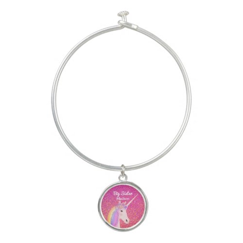 Big Sister Unicorn Pink Gold Glitter Monogram Bangle Bracelet