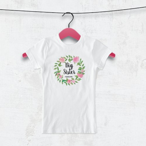 Big Sister Watercolor Floral Wreath with Name T_Shirt