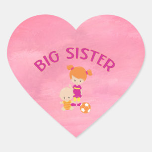 Big Sister with Baby Brother Heart Shaped Magenta Sticker