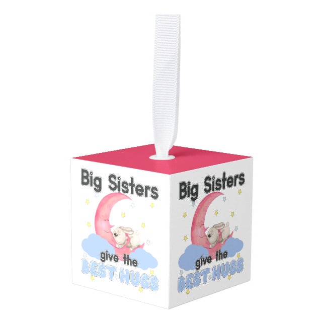 Big Sisters Give the Best Hugs - Moon Bunny Cube Ornament (Front Angled)