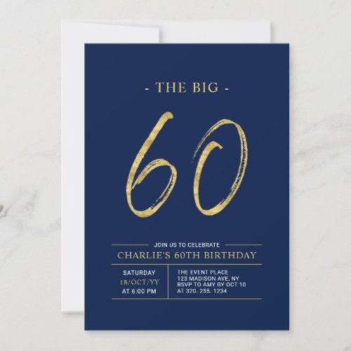 Big Sixty  Gold  Navy Blue 60th Birthday Party Invitation