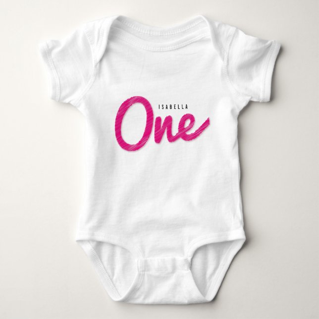 Big Sketch One Pink Baby Girl First Birthday Party Baby Bodysuit (Front)