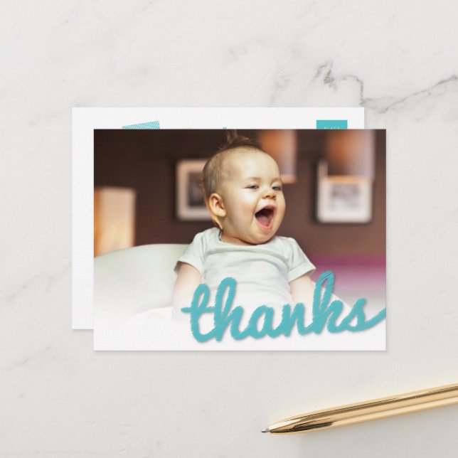 Big Sketch Thanks Boy's Birthday Photo Thank You Postcard (Front/Back In Situ)