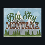 Big Sky Montana Fun Retro Snowy Mountains Postcard<br><div class="desc">Big Sky Montana neo vintage travel design in fun retro cartoon style featuring snow capped mountains,  forest and trees below,  blue skies and cool retro script text.</div>