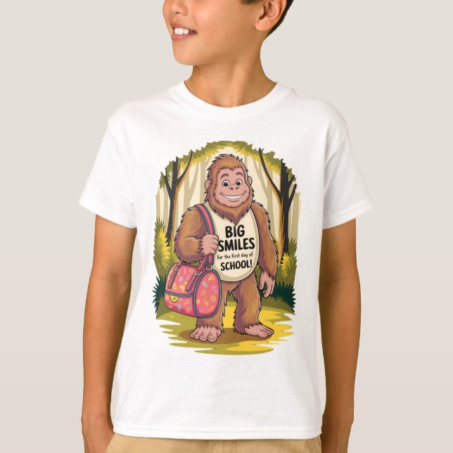 Big Smiles First Day of School Bigfoot Kid's T-Shirt (Front)
