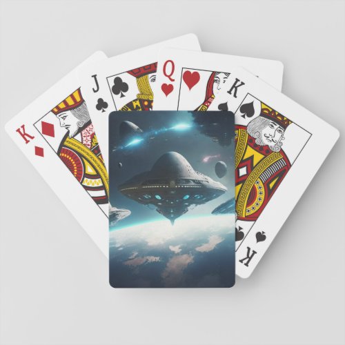 Big Spaceship flying in sky  Poker Cards