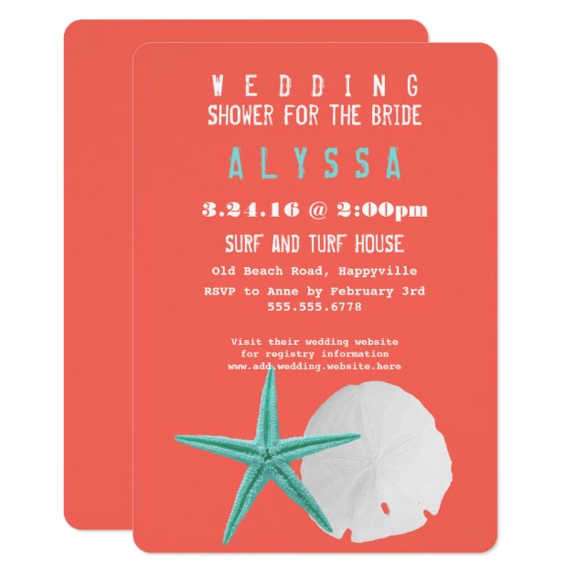 Big Starfish Sand Dollar Orange Bridal Shower Invitation