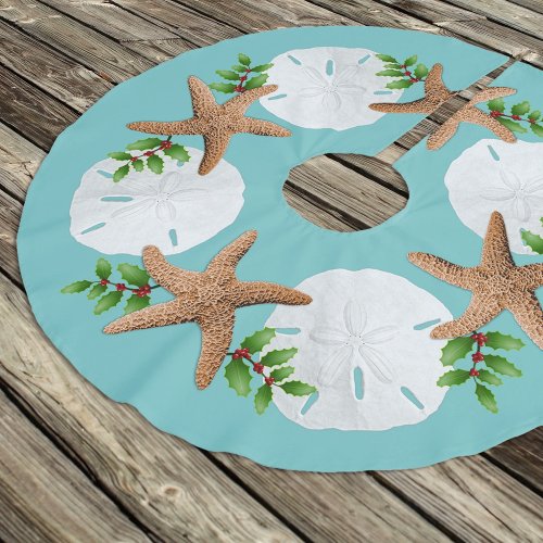 Big Starfish Sand Dollars Holly Leaves Brushed Polyester Tree Skirt