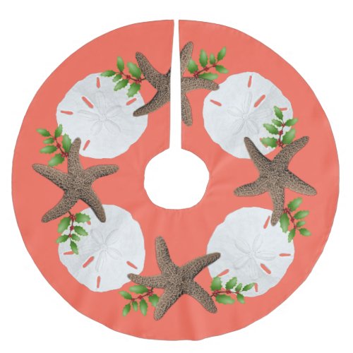 Big Starfish Sand Dollars Holly Leaves Coral Pink Brushed Polyester Tree Skirt