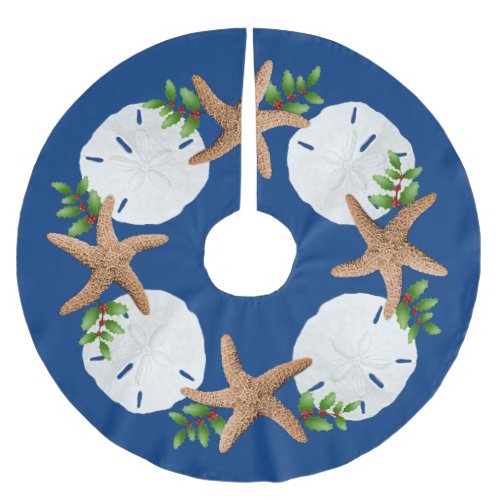 Big Starfish Sand Dollars Holly Leaves Navy Blue Brushed Polyester Tree Skirt