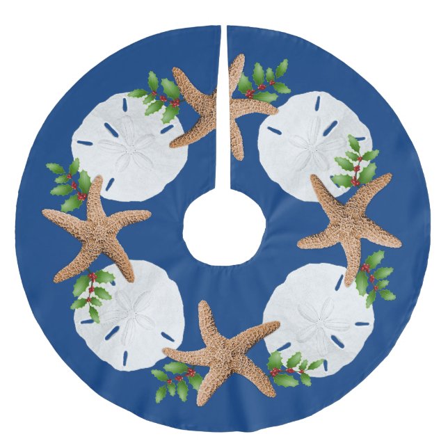Big Starfish Sand Dollars Holly Leaves Navy Blue Brushed Polyester Tree Skirt (Front)