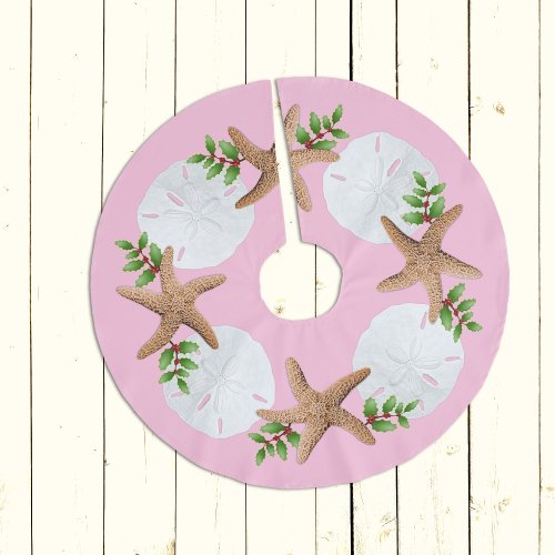 Big Starfish Sand Dollars Holly Leaves Pink Brushed Polyester Tree Skirt