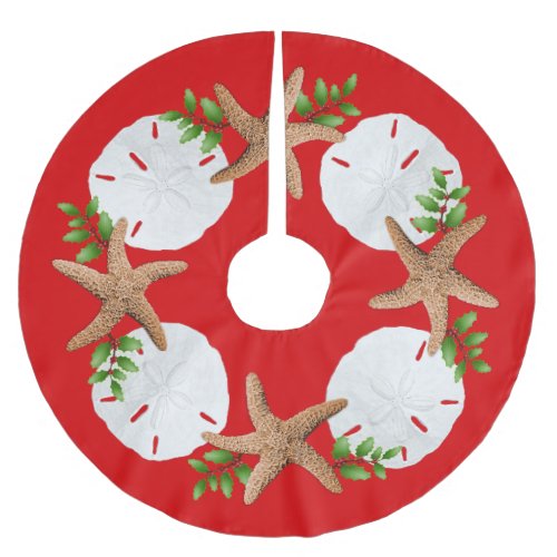 Big Starfish Sand Dollars Holly Leaves Red Brushed Polyester Tree Skirt