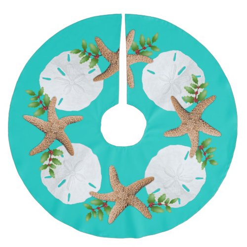 Big Starfish Sand Dollars Holly Leaves Turquoise Brushed Polyester Tree Skirt