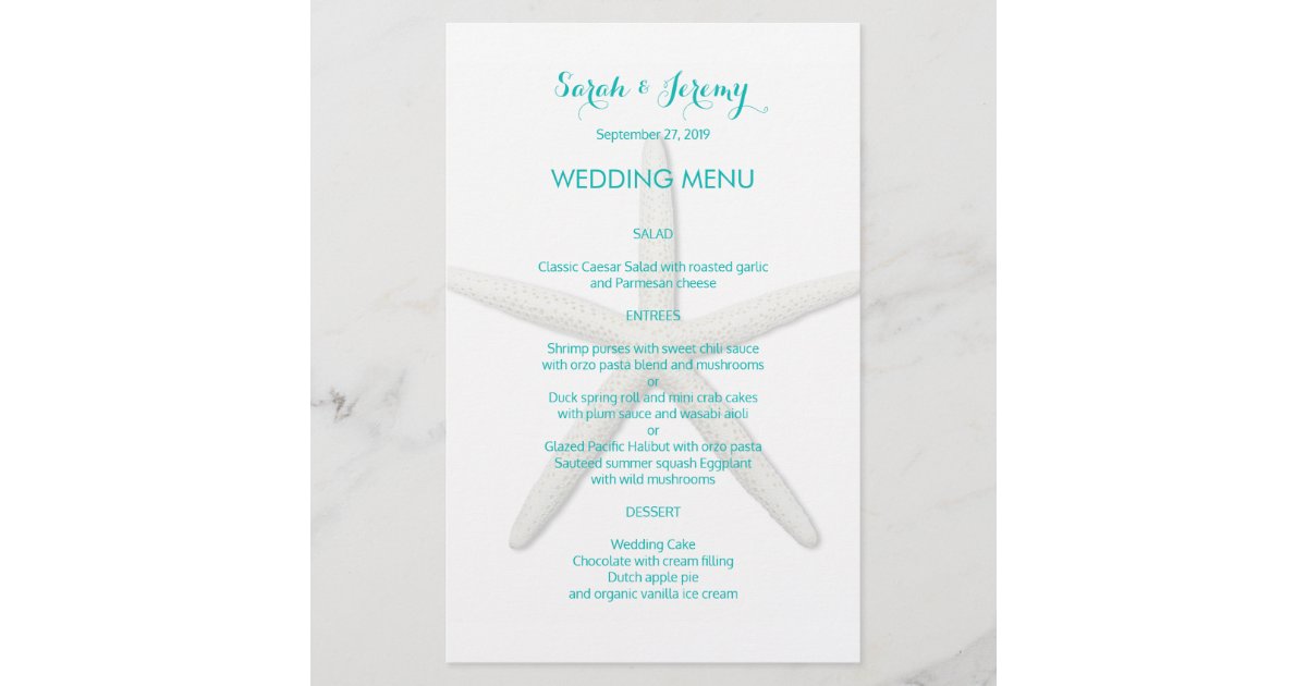 Big Starfish Wedding Menu Template Blue Text | Zazzle