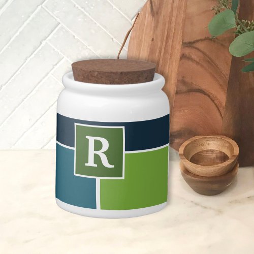 Big Stripes in blue and green with Monogram Candy Jar