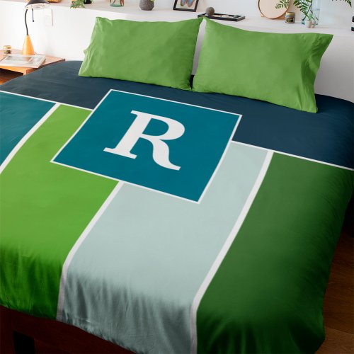 Big Stripes in blue and green with Monogram  Duvet Cover