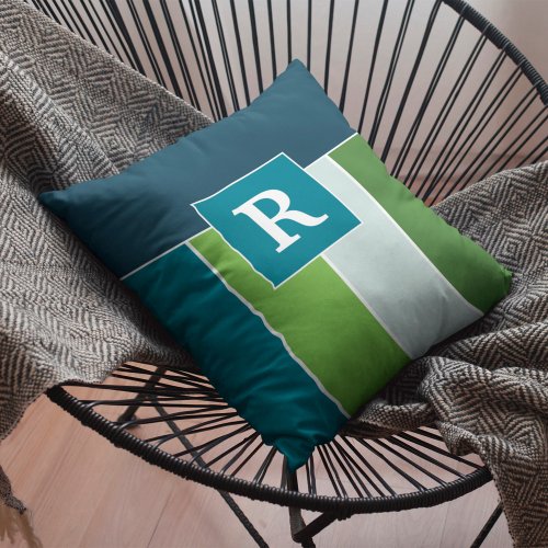 Big Stripes in blue and green with Monogram Throw Pillow