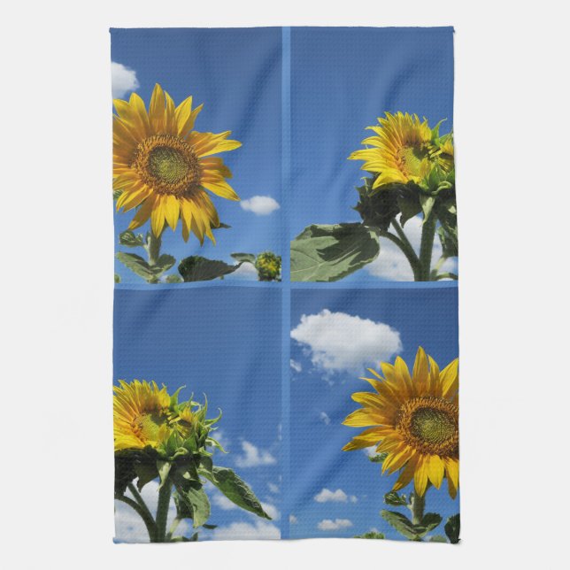 big sunflower shines yellow blue sky white little kitchen towel (Vertical)
