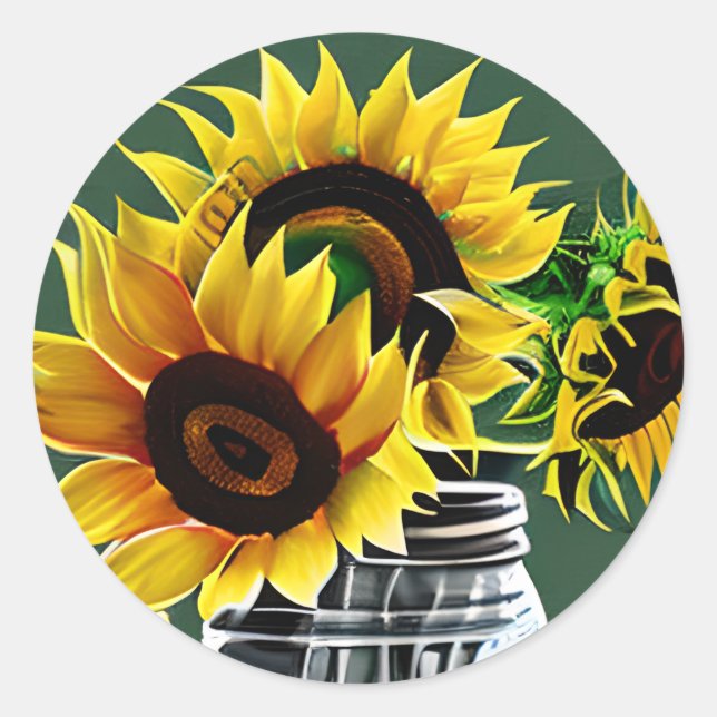 Big Sunflowers in Glass Mason Jar Art Classic Round Sticker (Front)