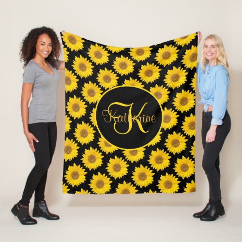 Big Sunflowers Monogram Yellow and Black Fleece Blanket