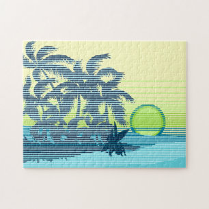 Big Sunset Stripe Hawaiian Surfers Jigsaw Puzzle