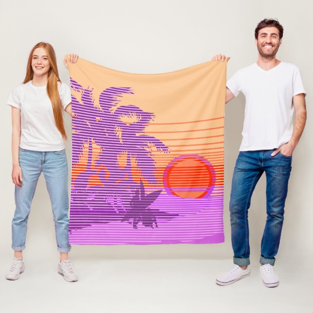 Big Sunset Stripe Hawaiian Surfers Violet Fleece Blanket (In Situ)