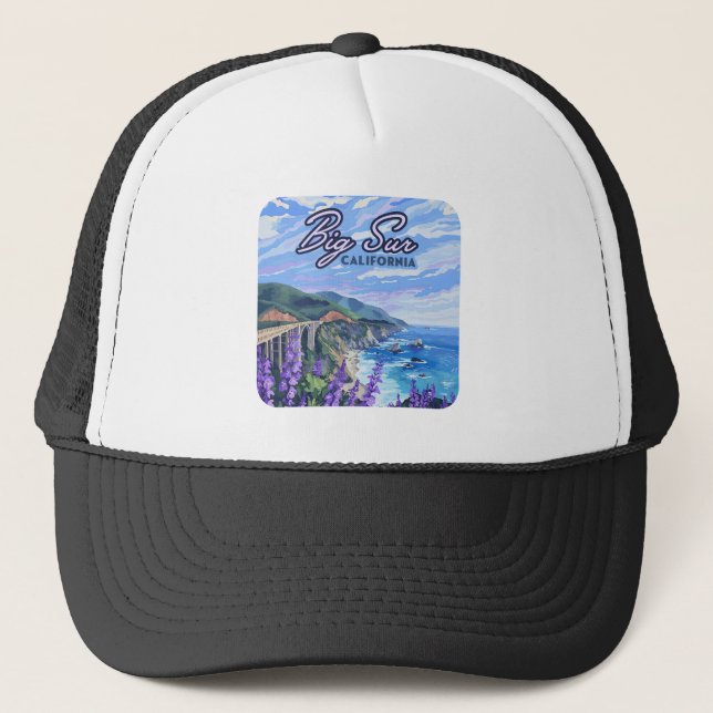 Big Sur California Coastline Retro West Coast Trucker Hat (Front)
