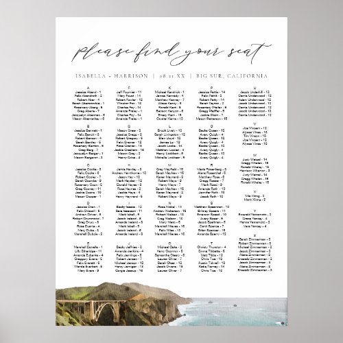 BIG SUR CALIFORNIA Skyline Wedding Seating Chart