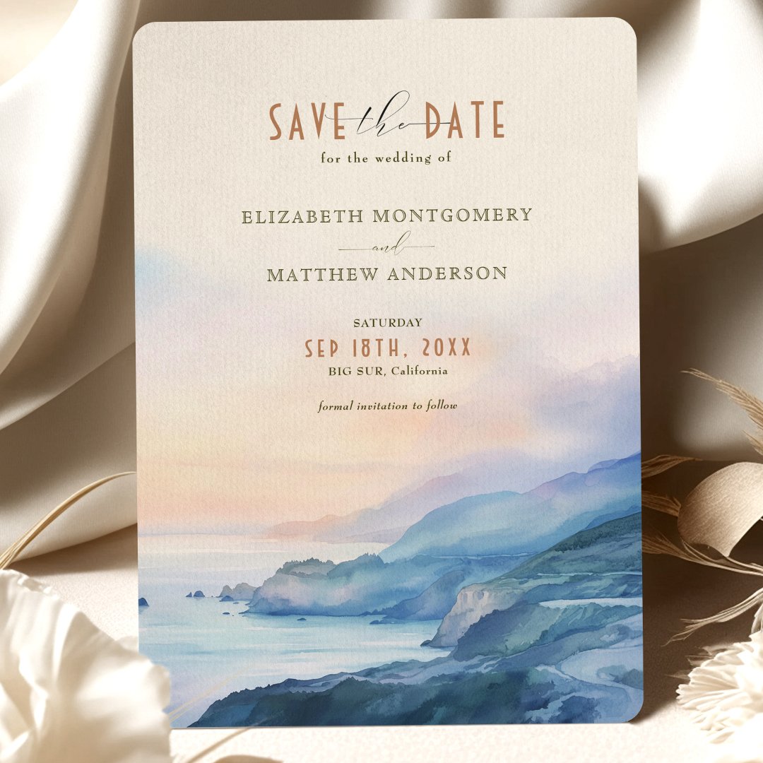 Big Sur California Sunset Watercolor Save the                    Date Invitation