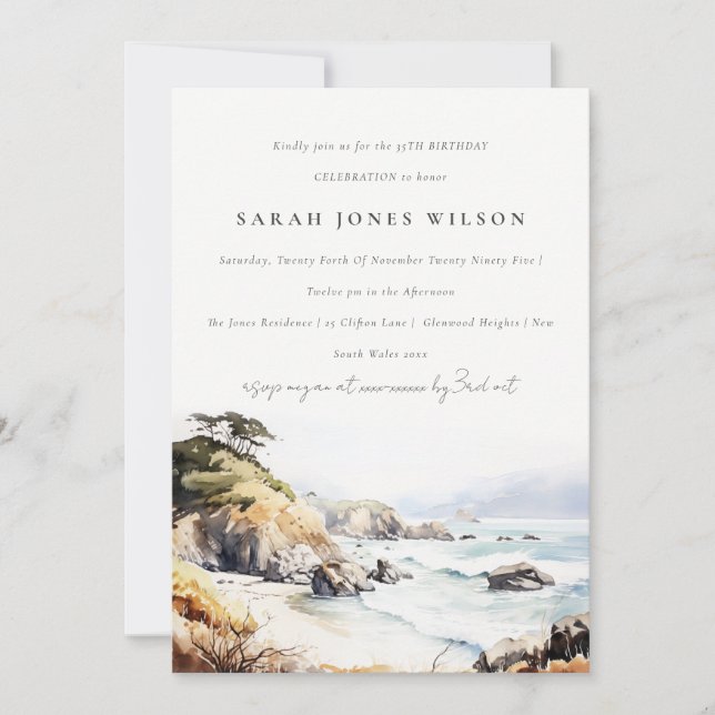 Big Sur California Watercolor Landscape Birthday Invitation (Front)