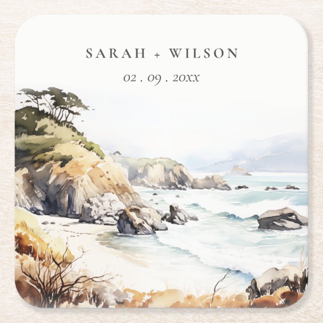 Big Sur, California Watercolor Landscape Wedding Square Paper Coaster (Front)