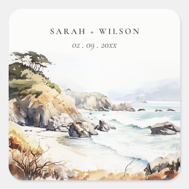 Big Sur, California Watercolor Landscape Wedding Square Sticker (Front)