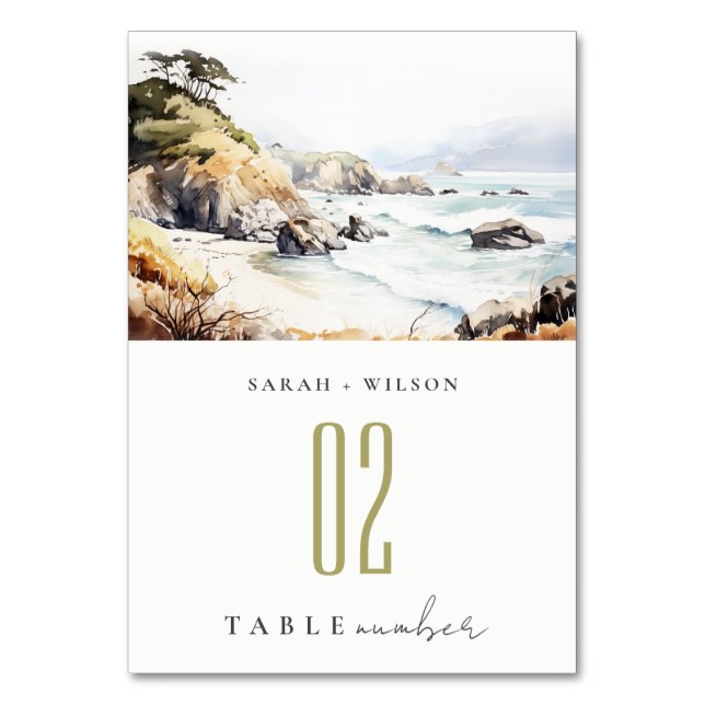 Big Sur, California Watercolor Landscape Wedding Table Number (Front)