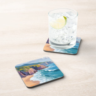 Big Sur, California Watercolor Ocean Painting Beverage Coaster