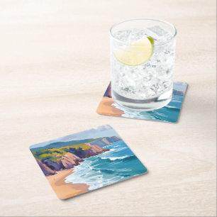 Big Sur, California Watercolor Ocean Painting Square Paper Coaster