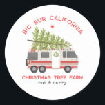 Big Sur Christmas Tree Farm Vintage RV Camper Classic Round Sticker<br><div class="desc">Illustration of a retro RV camper decorated with Christmas lights,  peace sign wreath,  and Christmas tree tied to top.  Text says,  "Big Sur California Christmas tree farm" "cut and carry"</div>