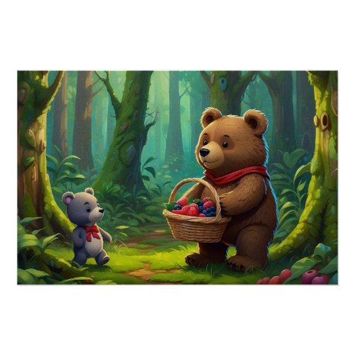Big Teddy Bear and Baby Teddy Cartoon for Kids Poster