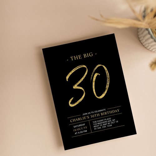Big Thirty  Gold  Black 30th Birthday Party Invitation
