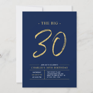 Big Thirty Gold & Navy Blue 30th Birthday Party Invitation