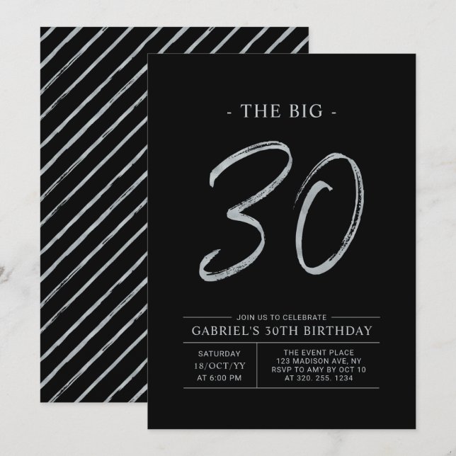 Big Thirty | Silver & Black 30th Birthday Party Invitation (Front/Back)